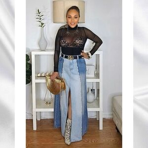 Stylish Denim Maxi Skirt With Front Split